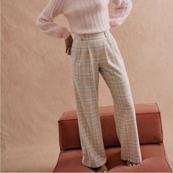 Sezane Pants - Sezane Loulou High Waisted Wide Leg Trousers Pastel Check Wool